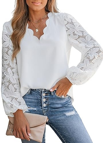 CUPSHE Damen Blusen V-Ausschnitt Wellenkante Spitzenärmel Langarmshirt Lässige Spitzen Oberteile Tunika Bluse Tops Weiß XL