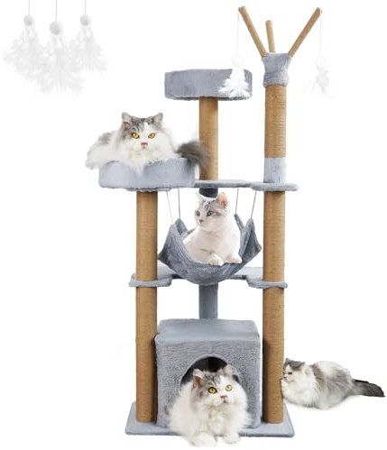 yuyuepetzone Kratzbaum, 126 cm hoch Katzenbaum Stabil Katzenkratzbaum Katzenturm Aktivitätskratzbäume mit Katzenhaus, 2 Plattformen Plüschbälle Sisalseil, Hängematte für Klein Katzen, Grau