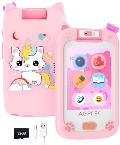 AGPTEK Kids MP3 Player with Camera, Touchscreen Pretend Phone with 32 GB TF Card, Plays Stories Music Game, Preschool Learning Toddler Toy Phone for Ages 3-8