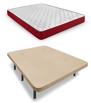 HOGAR24 ES | Cama Completa | Base Tapizada en Tejido 3D Color Beige + Colchón Viscoelástico Spring Plus | Incluye Juego de Patas con Abrazadera de 25 cm | Medidas: 105x190 cm