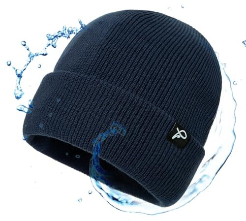 TOP-EX wasserdichte Wintermütze Herren & Damen, Warme Fleece-gefütterte Strickmütze Beanie, Atmungsaktive Outdoor Lauf- & Skimütze, Winddichter Regenschutz, Herrenmütze Blau L/XL