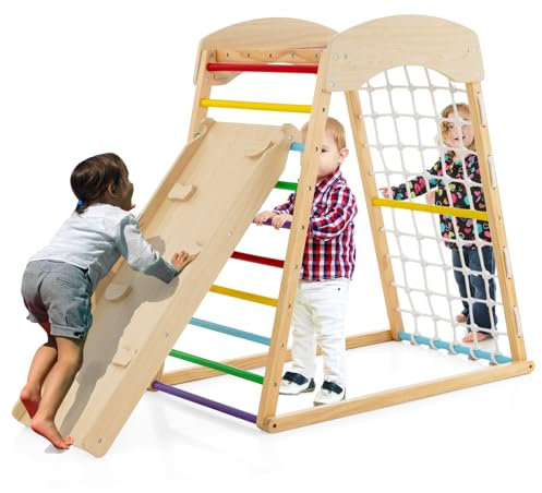 COSTWAY Set Arrampicata 4 in 1, Parco Giochi Interno in Legno con Sbarre Rete da Arrampicata e Scala da Arrampicata, per Bambini 1 Anno+ (colorato)