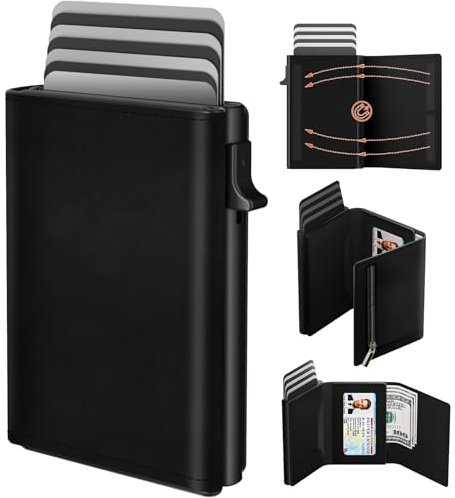 dwnkove Mens Wallet Credit Card Holder, Minimalist Wallets for Men, Aluminum Pop up Wallet, RFID Blocking, Premium Leather, Smart, Slim, Coin Pocket | 9-14 Card Capacity | ID Window | Cash Slot