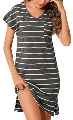 Jahetuul Camisones de Mujer Dormir Algodón Batas de Casa Camisón Mujer a Rayas de Manga Corta Ropa de Dormir con Diseño de Abertura