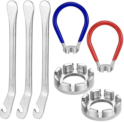 7 STK Fahrrad Speichenschlüssel aus Stahl Set: 2 Speichenspanner Fahrrad & 2 Größe 10-15 Universal Speichenspanner für Fahrrad & 3 Fahrrad-Reifenheber-Set, Nippelspanner Fahrrad Speichen Werkzeug