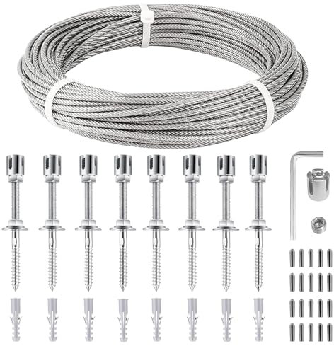 Btstil Supporto per piante rampicanti, in acciaio inox 304, set completo con supporto da parete e corda in acciaio da 3 mm, per piante rampicanti, giardino, muro, recinzione (8 supporti, corda da 12