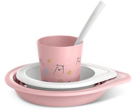 Suavinex, Set svezzamento Bambino +6 Mesi, Stoviglie per Bambini Lavabili in Lavastoviglie e Microonde. Include: Bicchiere + Piatto Piano + Ciotola + Cucchiaio. My family Rosa