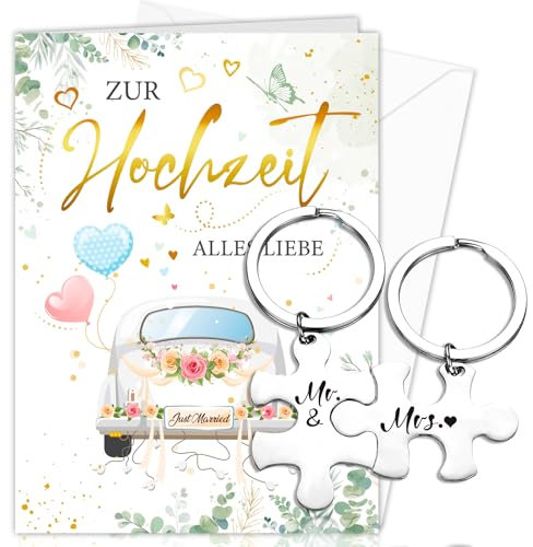 HOWAF Hochzeitskarte mit Mr & Mrs Schlüsselanhänger für Geschenk Hochzeit, Karte Hochzeit mit Umschlag, Glückwunschkarte Hochzeit, Karte zur Hochzeit Geschenk, Hochzeitsgeschenke für Brautpaar