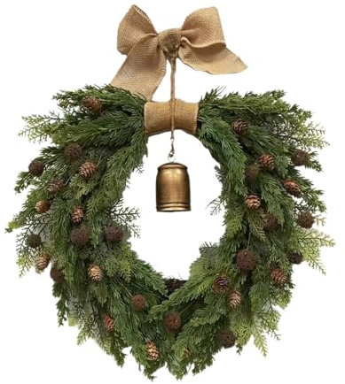 Weihnachts-Türkranz,Boho- - Rustikaler Kunstkranz - Hängende Dekoration für den Urlaub, Weihnachts-Adventskranz mit Schleifenglocke für die Weihnachtsfeier