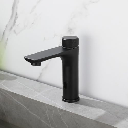 Rubinetto miscelatore per lavabo con sensore a infrarossi, in acciaio inox, con sensore a infrarossi per acqua calda e fredda, con manopola regolabile per la temperatura dell'acqua (nero)