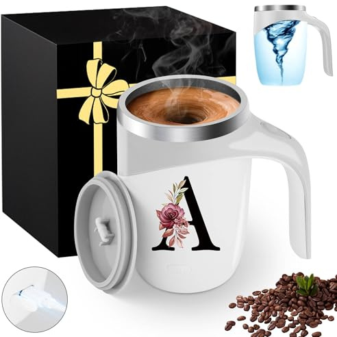 Initial Magnetic Stirring Coffee Mug with Lid Handle Insulated Stainless Steel Spill Leak Proof Heavy Large Reusable Thermal Travel Tea Cup Camping Big Water Tumbler Automatic Self Electric Mixing,A