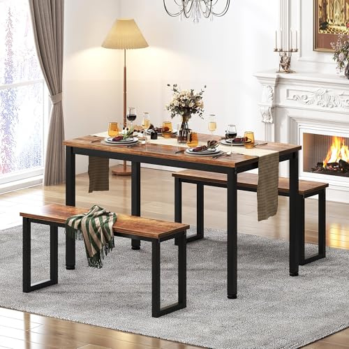 sogesfurniture Set da pranzo da 3 pezzi, con tavolo da pranzo 100 x 60 x 73,7 cm, 2 panche in metallo rettangolare, tavolo da cucina per soggiorno, sala da pranzo, marrone vintage