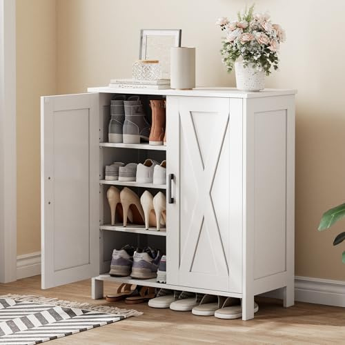 Homleke Farmhouse Shoe Cabinet with 2 Barn Doors & Wood Legs, 5-Tier Shoe Storage Cabinet with 3 Adjustable Shelves, Tall Shoe Rack Organizer for Closet, Shoe Organizer for Entryway, Hallway, White