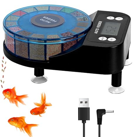 Podazz Automatische Fischzufuhr-Auto-Futterspender für Aquarium-wiederaufladbare Timer-Zufuhr von Fischfutter mit LCD-Anzeige, 15-Feed-Auto-Fischzufuhr mit feuchtigkeitsfestem Design
