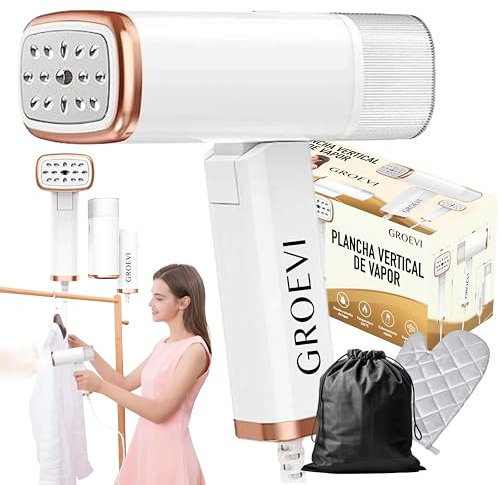 Groevi® Plancha Vertical Vapor 1200W | Plancha Vertical | Vaporizador de Ropa Quita Arrugas | Cepillo de Vapor | Lista en 20s | Sin Tabla | Portátil y Ligera para Viaje