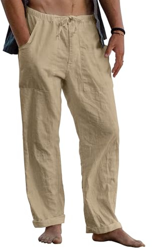 Puimentiua Mens Cotton Linen Trousers Summer Lightweight Summer Trousers | Drawstring Elastic Waist Chino Trousers for Men, Loose Fit Yoga Pants with Pockets
