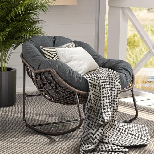 LIFEISLE Schaukelstuhl Schaukelsessel mit Rattan, Loungesessel drinnen & draußen, Ei-Schaukelstuhl für Wohnzimmer Balkon Garten Outdoor und Indoor Samt Grau