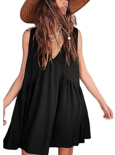Générique Robe Babydoll D'Été pour Femme, Col en V, sans Manches, Longue, Style Débardeur, Décontractée, Ample, Fluide, Mini, avec Poches, Tenue De Plage, Streetwear, Noire, Taille L