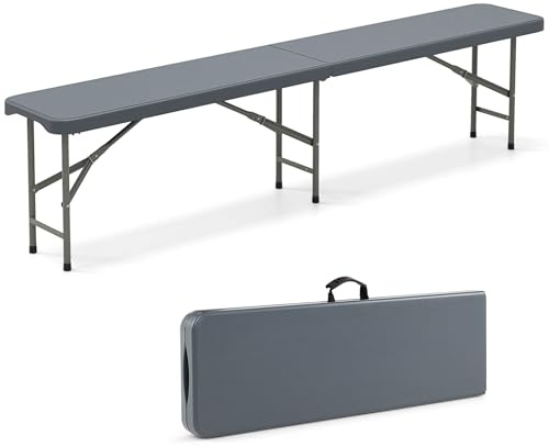 COSTWAY Panca Pieghevole in Plastica 180 cm, Sedile Portatile con Manico e Blocco, Panca da Campeggio in HDPE Rinforzato, per Giardino Campeggio Picnic, Portata 300 kg (Grigio)