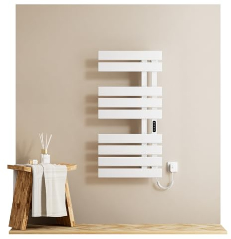 EMKE Scaldasalviette Elettrico da Bagno 1000 x 500 mm, Lato Destro, Portasalviette Riscaldato Elettrico, Bianco 320W, Scaldasalviette Elettrico con Controllo Intelligente della Temperatura