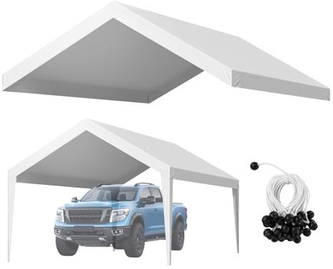 VEVOR Toile Rechange Carport, 6,09x3,65 m, Bâche Toit Abri Voiture, Couverture Supérieure Tente Garage Portable, Résistante UV Imperméable, avec Cordons Élastiques à Billes, Blanc, Cadre Non Inclus