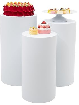 KinHall 3 Pcs Cylinder Stands for Party,3 Pieces White Cylinder Pedestal Stand, Flower Plant Display Plinth Pillars Pillars,Round Reusable Dessert Display Tablesfor Wedding Birthday Party Art Decor