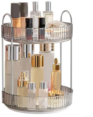 Vassoio organizer per cosmetici rotante a 360 gradi, per cosmetici, profumi, gioielli e snack, vassoio in plastica trasparente per camera da letto, cucina e soggiorno (due grigio argento)