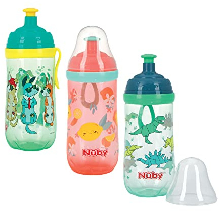 Nuby 2-Stage Busy Sipper Cup with No-Spill Silicone Spout and Free-Flow Pop-Up, 12 Ounce,Assorted(Colors/Designs May Vary), 6m+, 12 OZ