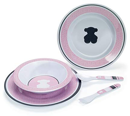 Tous - Pack de Vajilla de melamina con plato hondo, plato llano, bol, tenedor y cuchara en color rosa