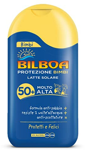 Bilboa, Kinder Sonnenmilch mit LSF 50+ – Sonnenmilch ohne Alkohol – Formel Anti-Sand, wasserdicht und Anti-Verbrühungen – Dermatologisch getestet – 200 ml