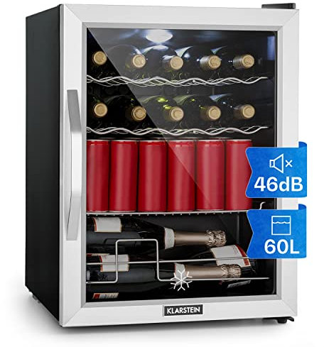 KLARSTEIN Mini Frigo de Chambre et Bureau, Silencieux, Mini Bar 60L, pour Boisson, Camping, Étagères Réglables, Ondulés pour le Vin, Cannette, Beer