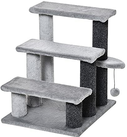 PawHut Katzentreppe 3-stufige Haustiertreppe mit Kratzsäulen Ball Hundetreppe Tiertreppe für Katzen Plüsch Jute Grau 45 x 40 x 48 cm