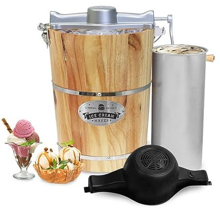 Elite Gourmet Old Fashioned 6 Quart Vintage Appalachian Wood Bucket Electric Ice Cream Maker Machine, *Bonus Classic Die-Cast Hand Crank for Churning, Uses Ice and Rock Salt Churns Ice Cream in Minute