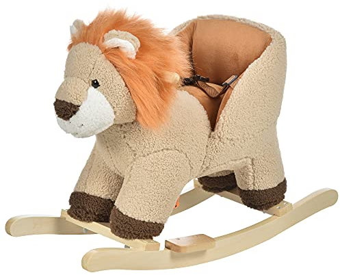 HOMCOM Caballito Balancín Infantil en Forma de León de Felpa para Bebés 18-36 Meses con Sonido Cinturón de Seguridad Manillar y Reposapiés 68x35x50 cm Marrón