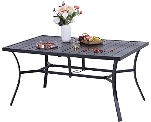 PHI VILLA Gartentisch mit Schirmloch für 6 Personen Terrassentisch Draussen Metalltisch Gartenmöbel 150 * 90 cm Gartentisch Terrassentisch Wetterfest Schwarz