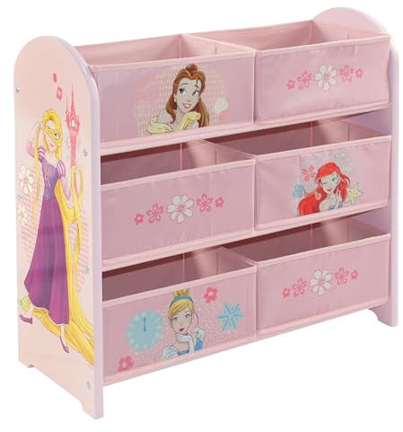 Disney Prinzessin Spielzeug-Aufbewahrungseinheit, 6 Boxen für Schlafzimmer, aus Holzwerkstoff/Stoff/Metall, einfache Montage und Reinigung