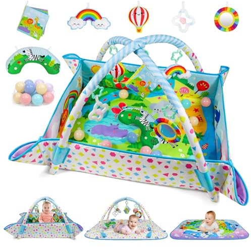 Dr.Rapeti Spieldecke mit Spielbogen, Spieldecke, Spieldecke mit Bällebad, Krabbeldecke mit Spielbogen, Padded Mat for Newborns, Mit abnehmbarem Spiegel, Stoffbuch, Spielzeug und Ball for 0+