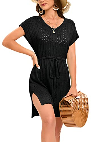 Timuspo Robe de plage sexy pour femme, lien à nouer en tricot, taille latérale, fente latérale, maillot de bain, robe de plage d'été, Noir , S