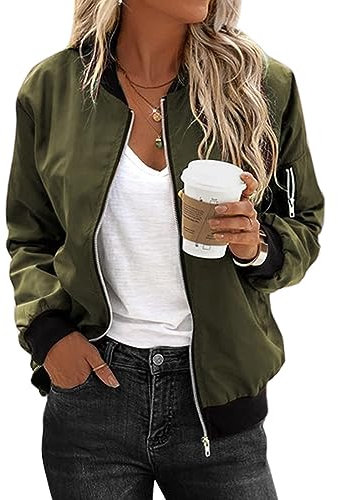 Zeagoo Bomberjacke Damen Langarm Blouson College Jacke Leicht Übergangsjacke Fliegerjacke mit 2 Taschen Reißverschluss Motorradjacke Grün für Herbst Fruhling Sommer Outwear L
