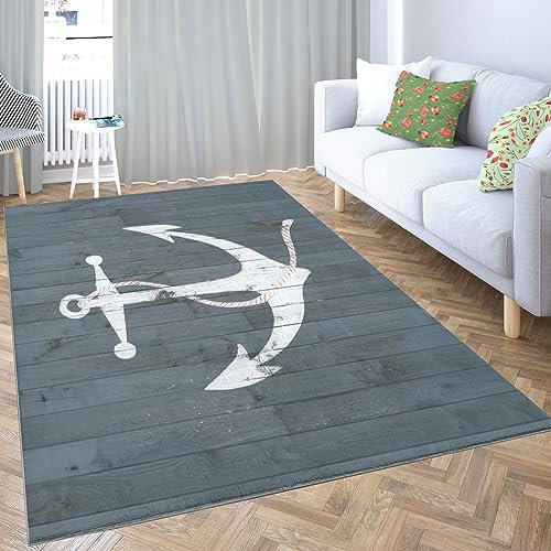 WHUOEUCO Wohnzimmer Teppich Grauer Anker 80 x 150cm Waschbare Modern Kurzflor Schlafzimmer Teppiche,Weich rutschfest Wohnzimmerteppich Für Küchen Esszimmer Eingangsbereich