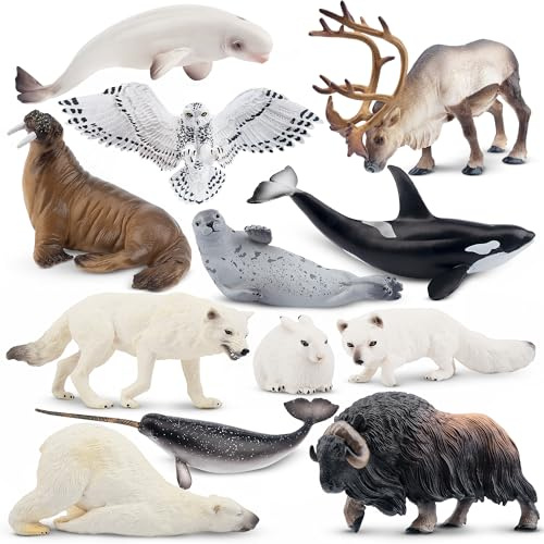 toymany 12PCS réaliste Arctique Animal Figurine, Polar Toy Set, Polar Toy Winter Animal Figurine, Contient Ours Polaire, Rennes, décoration de gâteau, Cadeau d'anniversaire de Noël