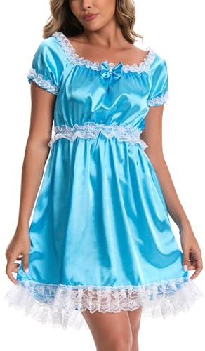 Satini Sissy Satinnattlinne Maid Spets Volang | Matchande rosett, Elastisk hals och midja, Vid klockad kjol, Ärmar med spetskant, Storlek S-XXL