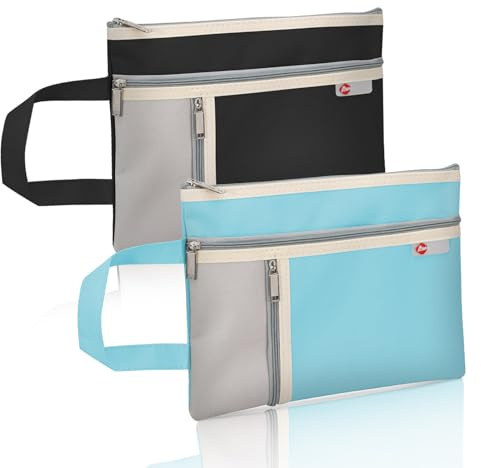 Realand 2 bolsas de documentos impermeables A5, 3 bolsillos Oxford con cremallera para organizar con asa, bolsa de notario para libros de papel, bolsa de proyectos, color negro y azul