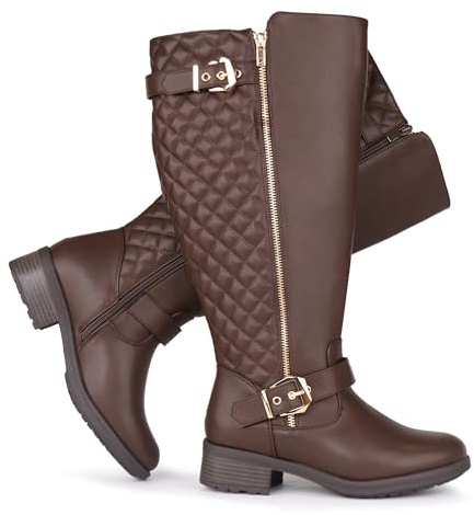 Chicblooms Botas de montar hasta la rodilla extra anchas para mujer, estilo retro, con doble hebilla, estilo chic, para otoño, PU marrón, EU39