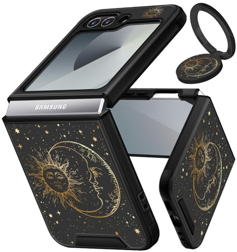 VincitoreModa for Samsung Galaxy Z Flip 6 Case - [2in1] Women Cute Girls Sun and Moon Phone Cover Ring Holder Stand Girly Aesthetic Fashion Slide Camera Cover Design for Samsung Z Flip 6 Case