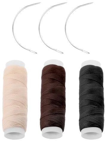 Juego de 3 rollos de hilo de coser y agujas para tejer el cabello, herramientas profesionales de extensión de cabello, hilo de extensiones de cabello con 3 agujas en forma de C para hacer pelucas
