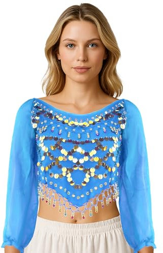 MUNAFIE Bauchtanz Oberteil Bauchtanz Kostüm Damen Pailletten Oberteil Damen 3/4 Ärmel Pflaumengemustertes Tanz Top mit Glocken Hellblau-A