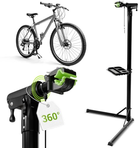 Juskys Fahrrad Reparaturständer, bis 50 kg für E-Bike, klappbar & höhenverstellbar, Klemmkopf 360° drehbar, Gummibeschichtung & Werkzeugablage, Schwerlast Fahrradständer für 24 bis 29 Zoll Fährräder