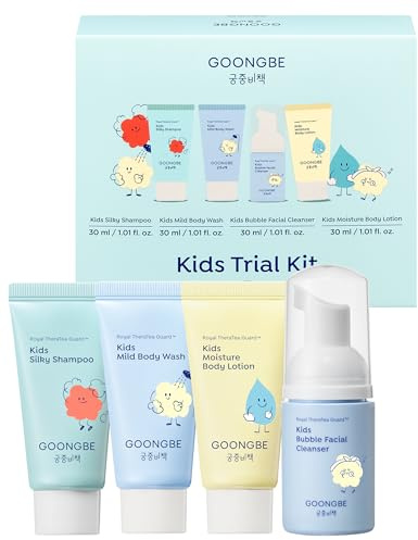 GOONGBE Kids Travel Toiletry Set – 4-in-1 TSA Carry-On Kit with Shampoo, Body Wash, Face Cleanser (Sunscreen Removal) & Lotion, Silicone-Free Low pH for Sensitive Skin1oz Each