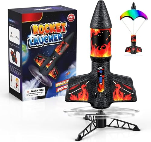 PDBEST Rocket Launcher for Kids, 200ft Flying Outdoor Rocket Toy with LED | 2-Altitude Launch, LED Night Flight, Automatic Parachute Return, 3-Second Safety Delay, 30Min Fast Charging for Ages 6-14 Red